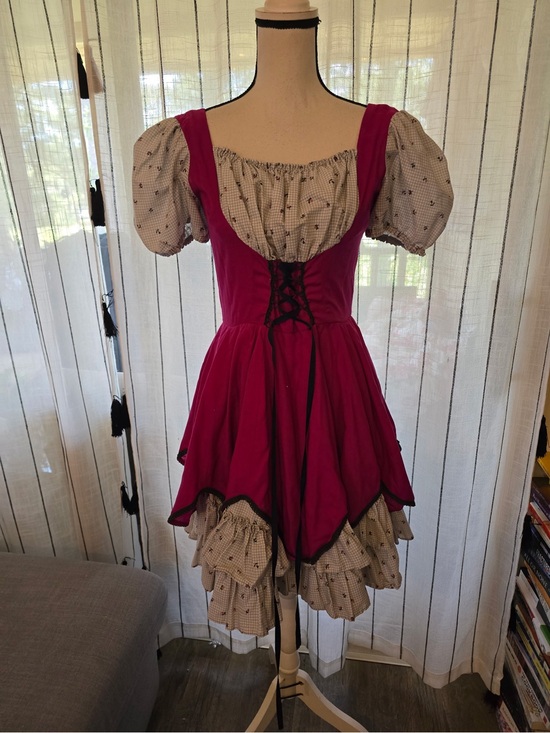 The Unbranded Brand Dresses & Skirts - Vintage inspired Raspberry Lace-Up Midi Dress with Puff Sleeves Cosplay